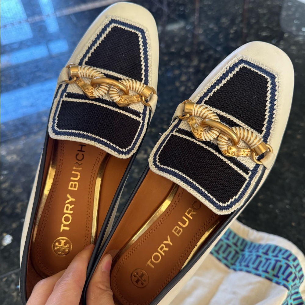 Tory Burch Black and Cream Loafers with Gold Accents